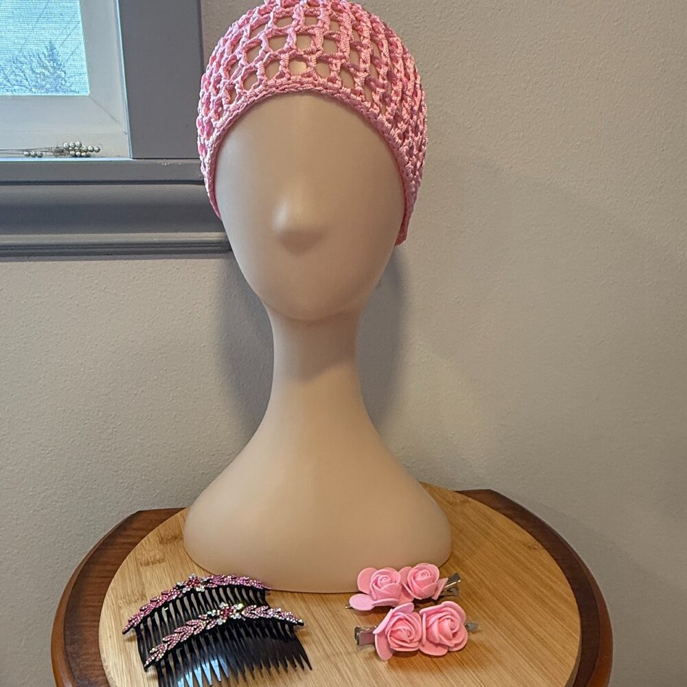 Bundle of Hair Bling Crocheted Snood/Bun 2 Sparkly Combs 2 Pink Roses Hair Clips